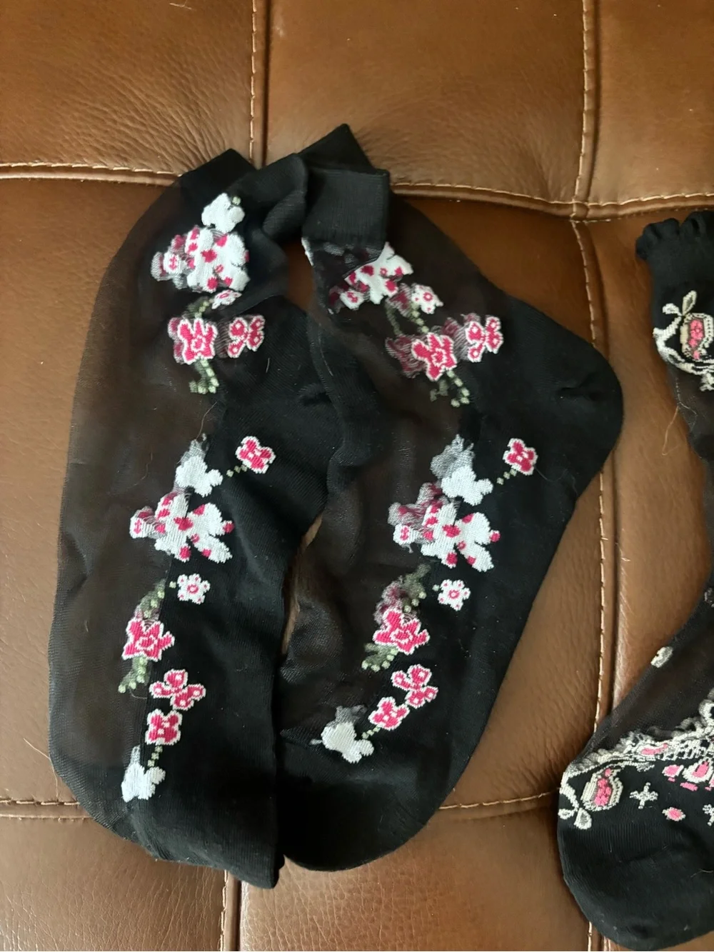 Embroidered Black Sheer Ankle Socks Set - Pink & Blue Floral